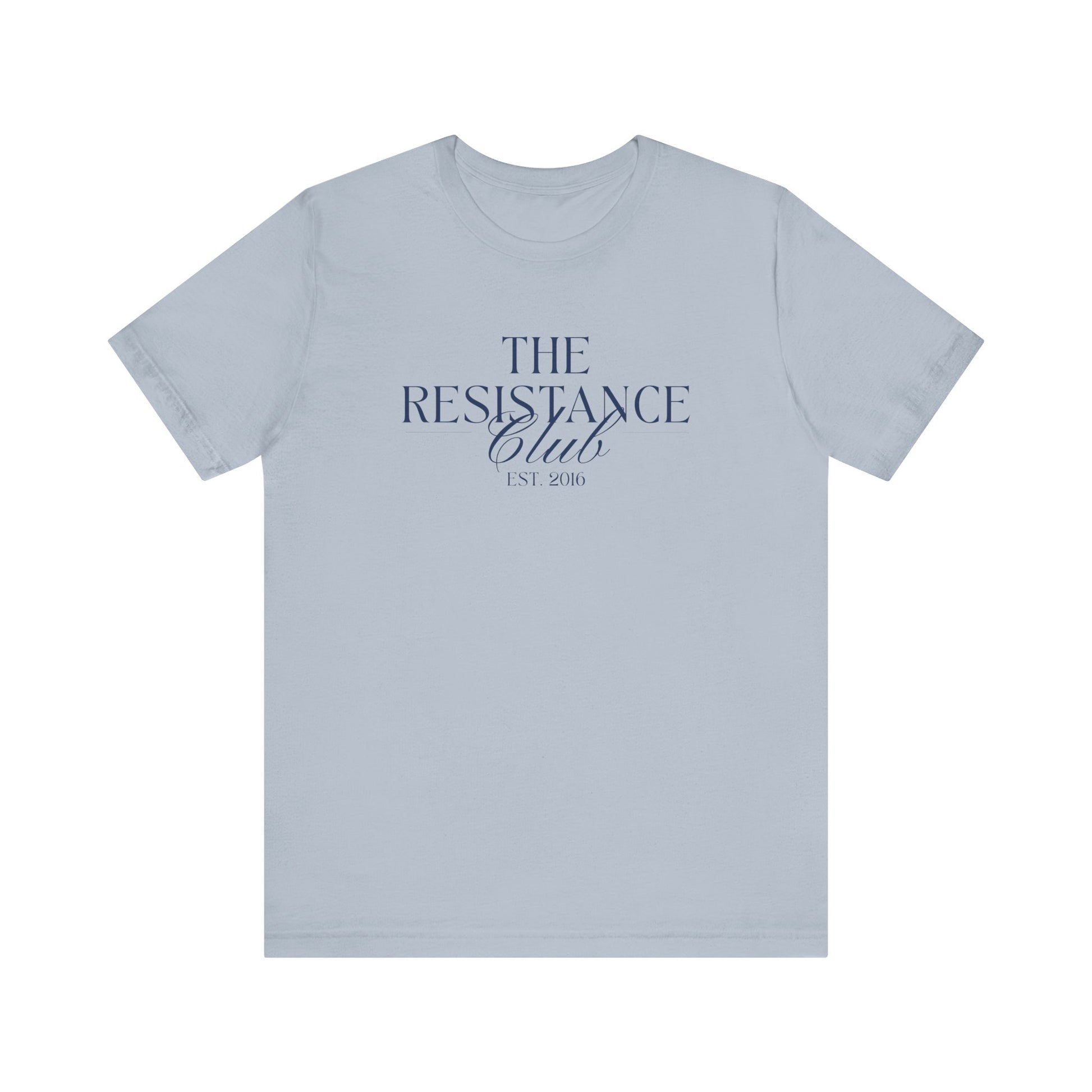 Light blue t-shirt with 'The Resistance Club' text in navy blue 