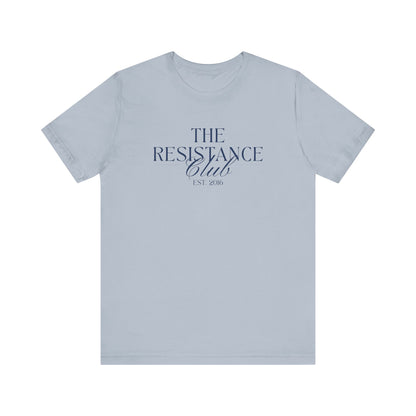 Light blue t-shirt with 'The Resistance Club' text in navy blue 