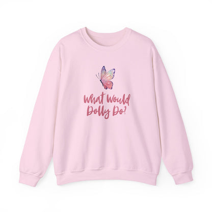 Light pink sweatshirt with butterfly graphic and dark pink text "What Would Dolly Do?"