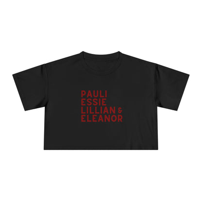 Black women's cropped top with red text "Pauli, Essie, Lillian & Eleanor" 