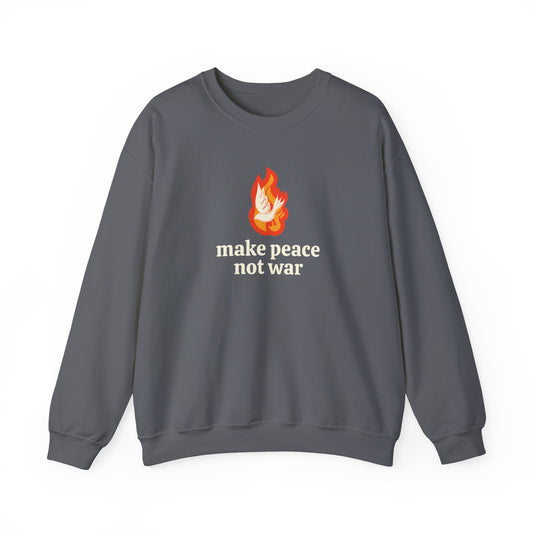 Gray sweatshirt with an orange flame graphic with a white dove over it and 'make peace not war' cream text