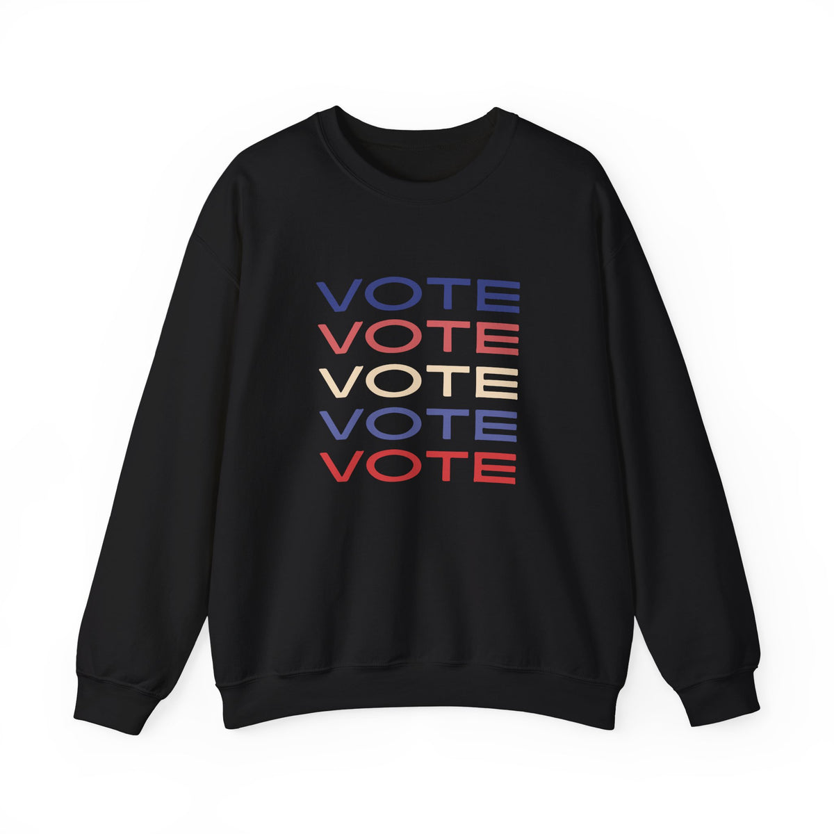 A black crewneck sweatshirt featuring a stacked graphic print of the word 'VOTE' in blue, red, and beige, displayed on a clean white background.