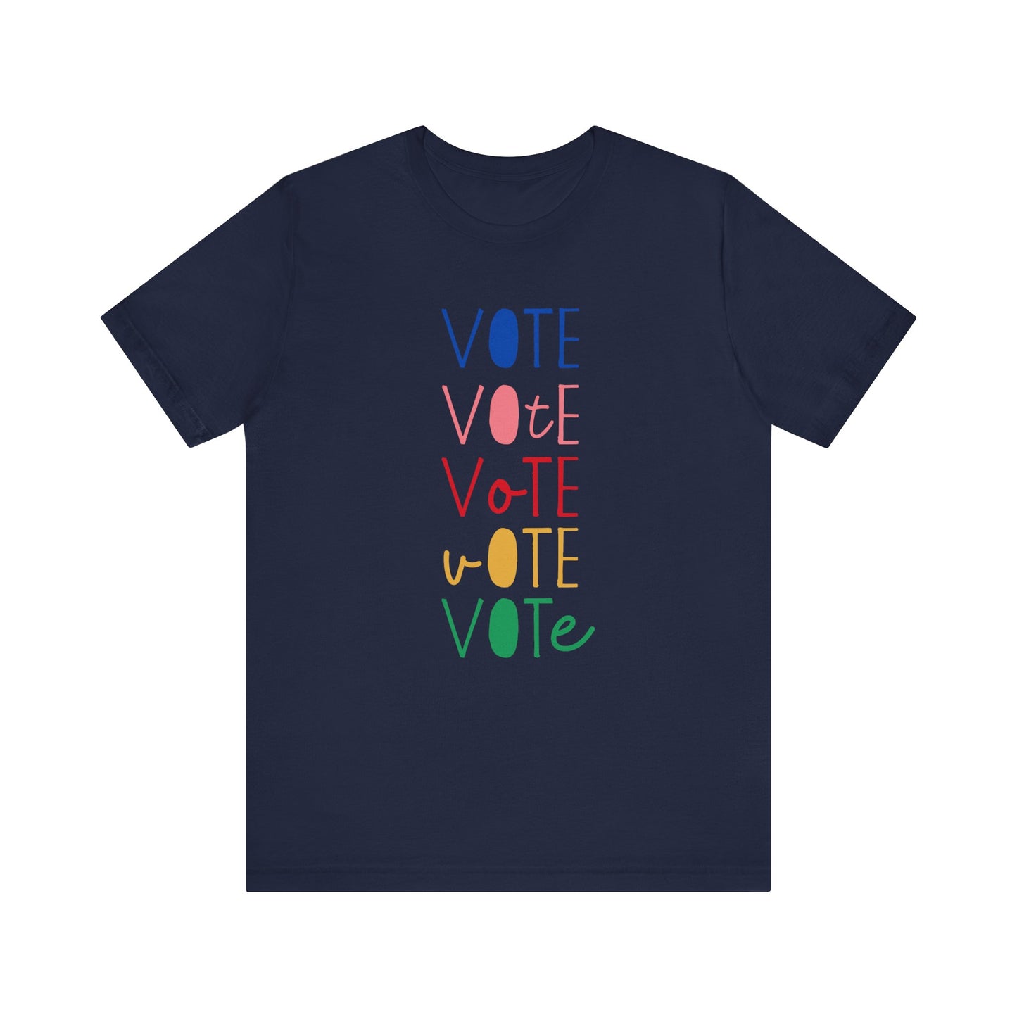 A navy blue short-sleeve t-shirt with a vertical graphic on the chest spelling 'VOTE' in alternating bright colors (blue, pink, red, yellow, green) with oval letterforms, shown on a plain white background.