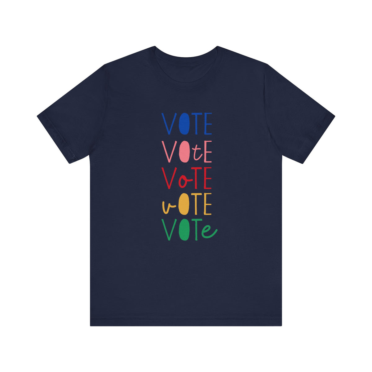A navy blue short-sleeve t-shirt with a vertical graphic on the chest spelling 'VOTE' in alternating bright colors (blue, pink, red, yellow, green) with oval letterforms, shown on a plain white background.