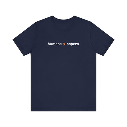 Navy blue t-shirt with 'humans > papers' white and orange text