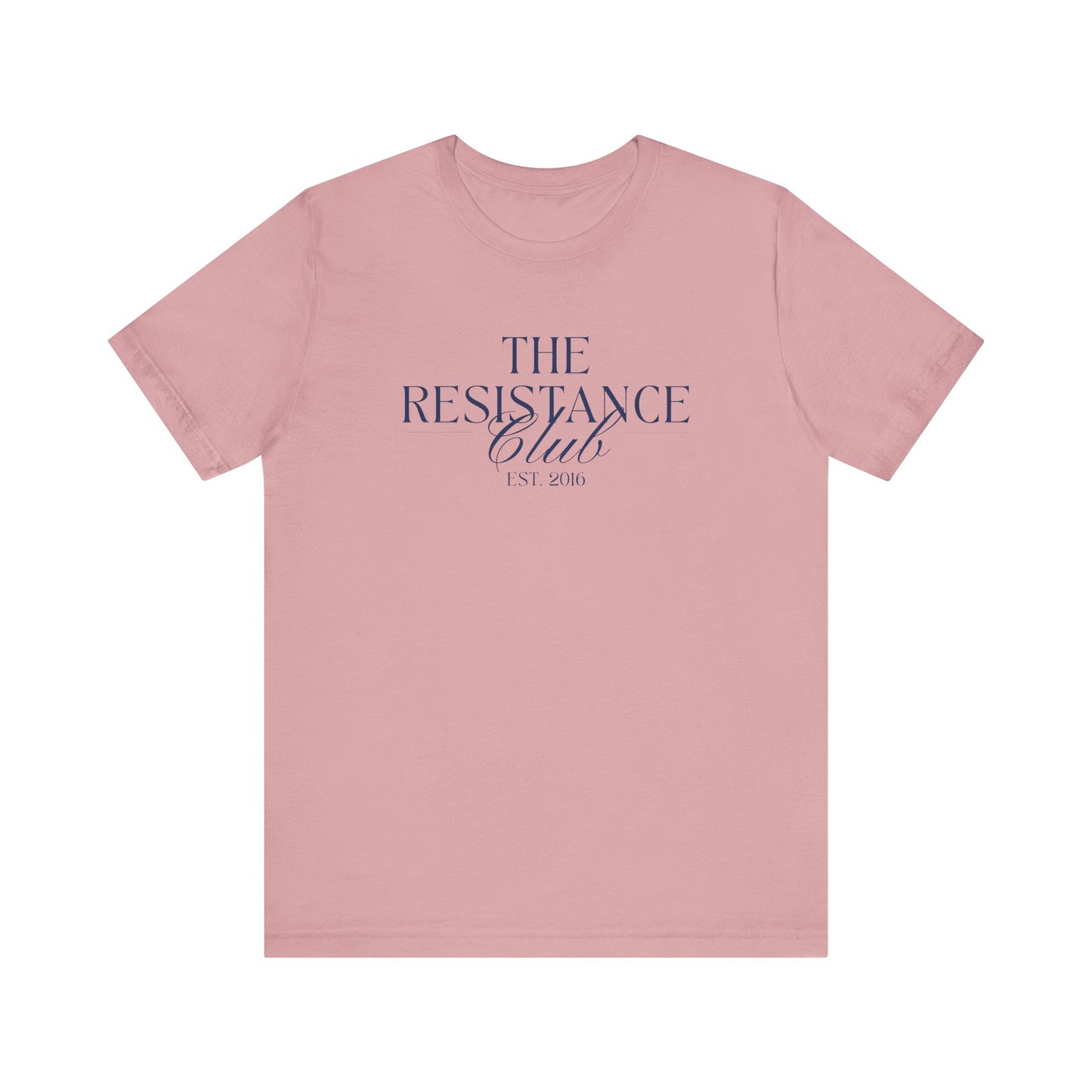 Pink t-shirt with 'The Resistance Club' text in navy blue 