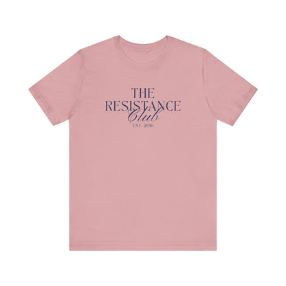 Pink t-shirt with 'The Resistance Club' text in navy blue 