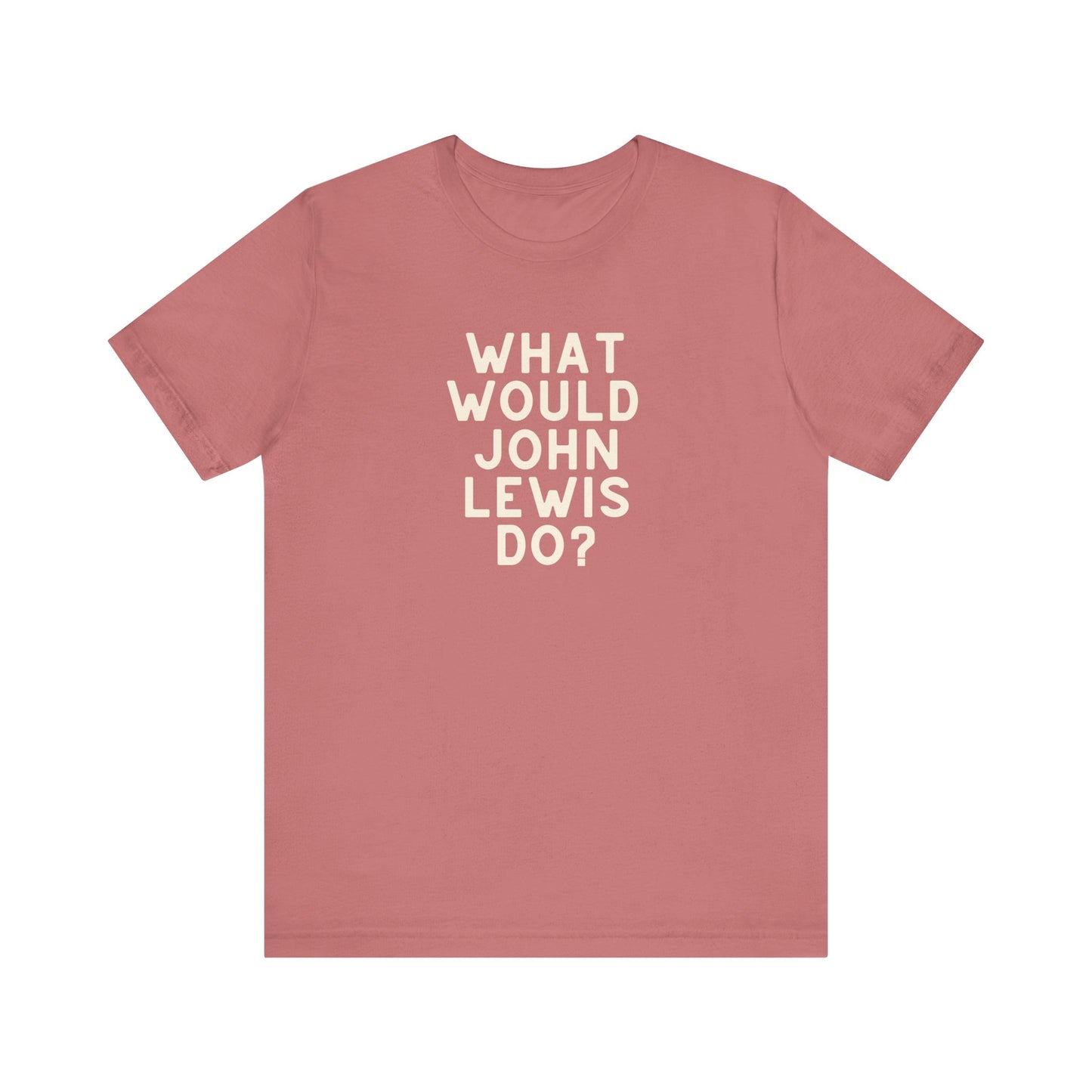 Coral unisex t-shirt with 'What Would John Lewis Do?' cream text
