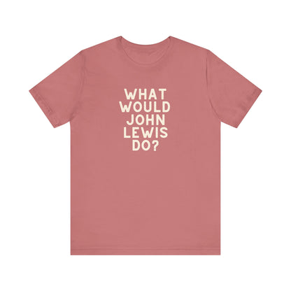 Coral unisex t-shirt with 'What Would John Lewis Do?' cream text