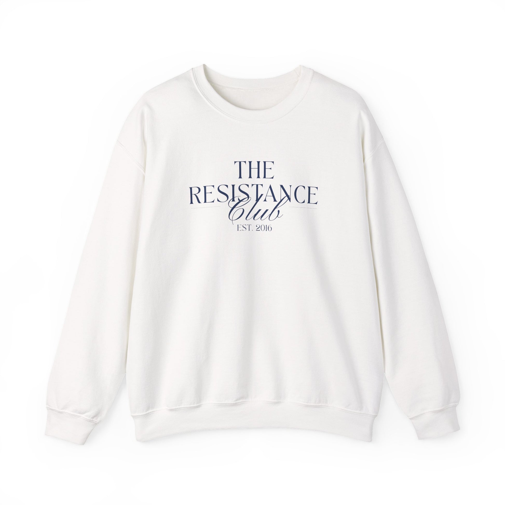 White unisex crewneck sweatshirt with 'The Resistance Club Est. 2016' navy blue text