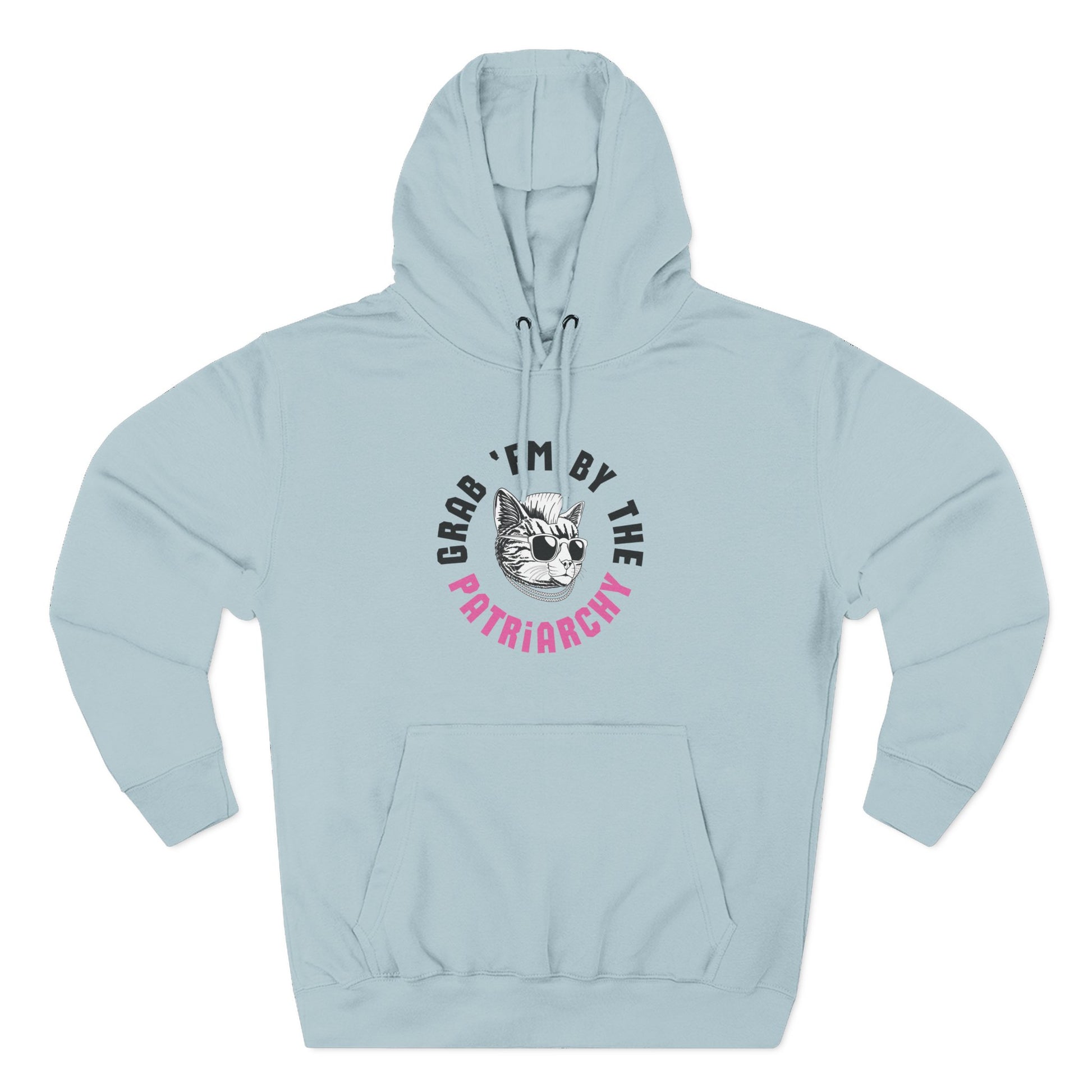 Light blue hoodie with a punk rock cat graphic and text "grab 'em by the patriarchy" in black and pink