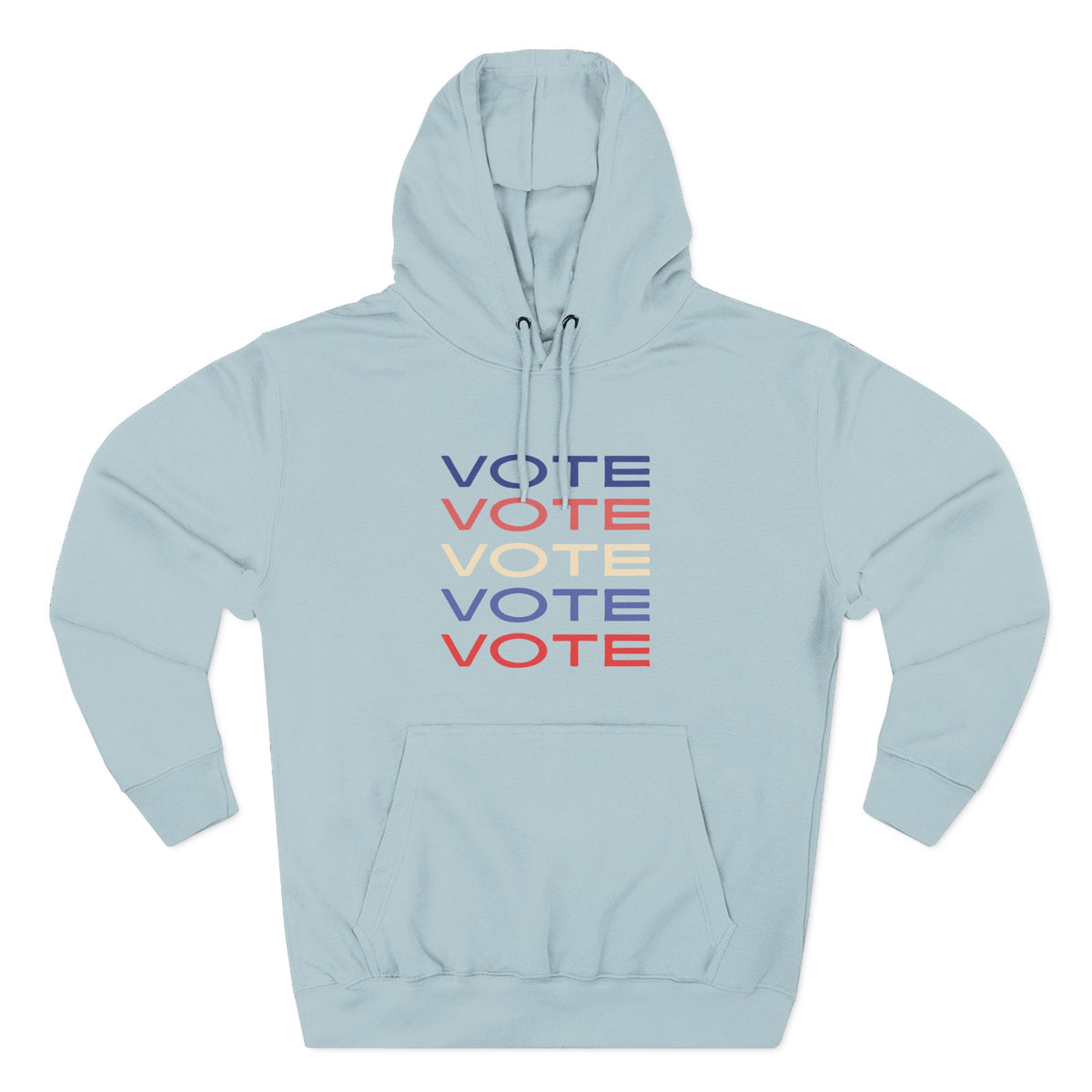 A light blue pullover hoodie with a front kangaroo pocket and drawstring hood, featuring a stacked 'VOTE' graphic in blue, red, and cream on the chest, displayed on a clean white background.