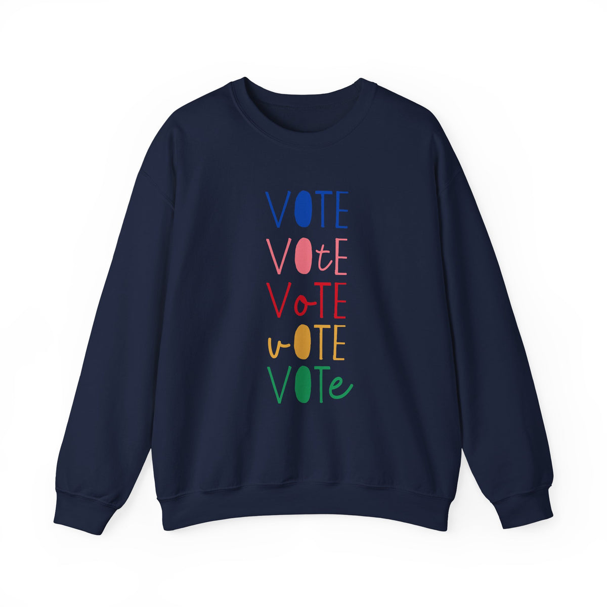 A navy blue crewneck sweatshirt featuring a vertical graphic print of the word 'VOTE' repeated five times in alternating colors: blue, pink, red, yellow, and green.
