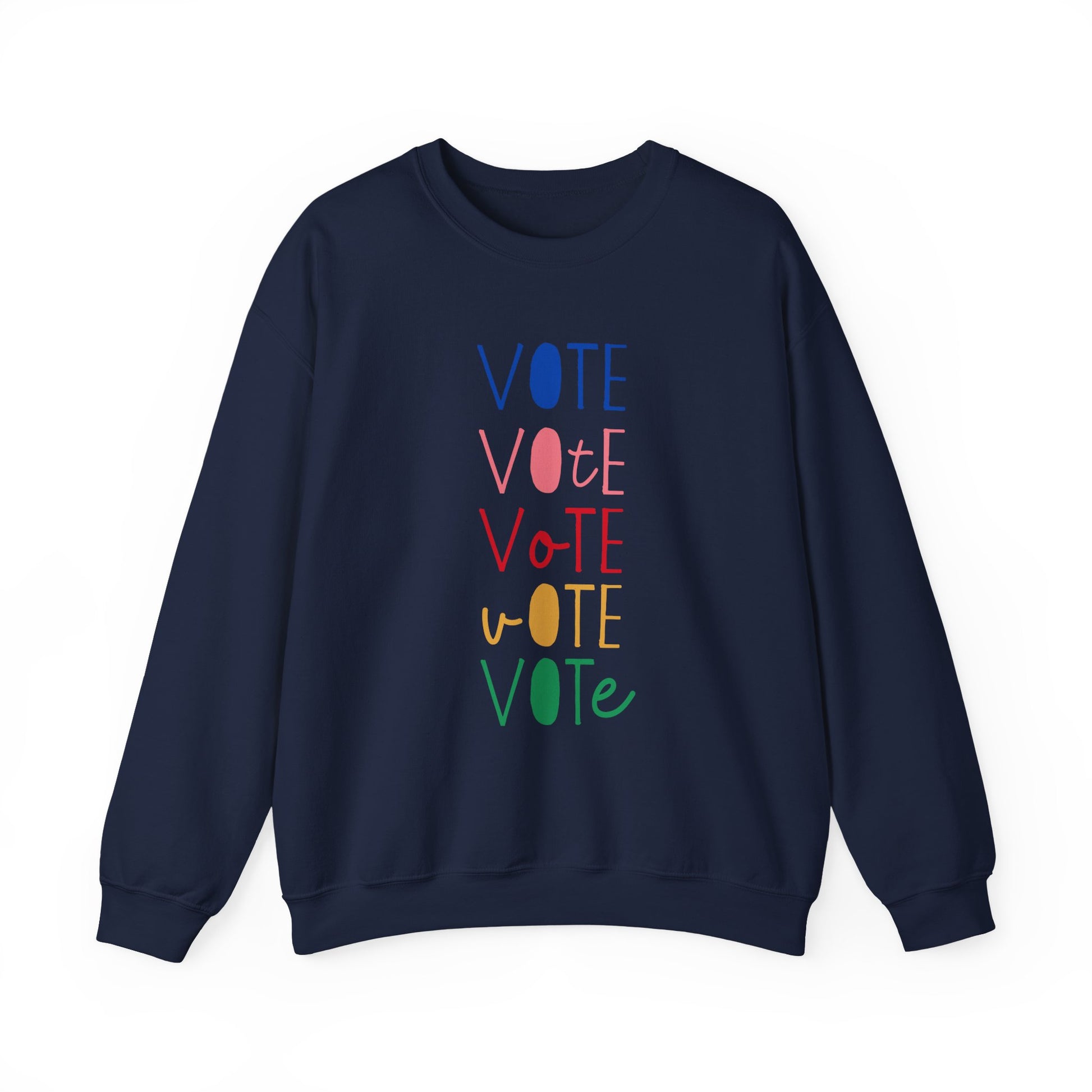 A navy blue crewneck sweatshirt featuring a vertical graphic print of the word 'VOTE' repeated five times in alternating colors: blue, pink, red, yellow, and green.