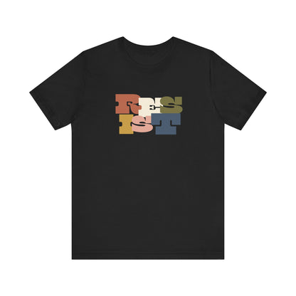 Black t-shirt with colorful 'RESIST' graphic 