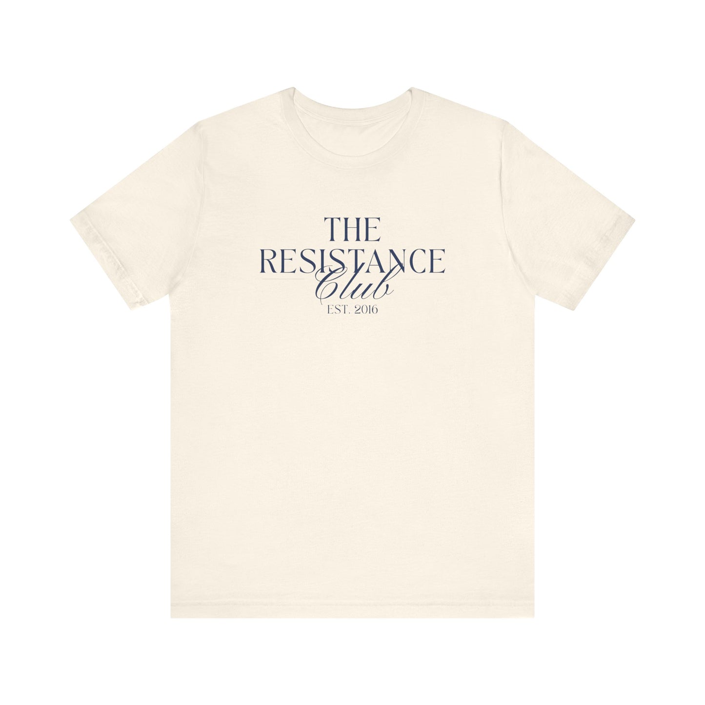 Beige t-shirt with 'The Resistance Club' text in navy blue 