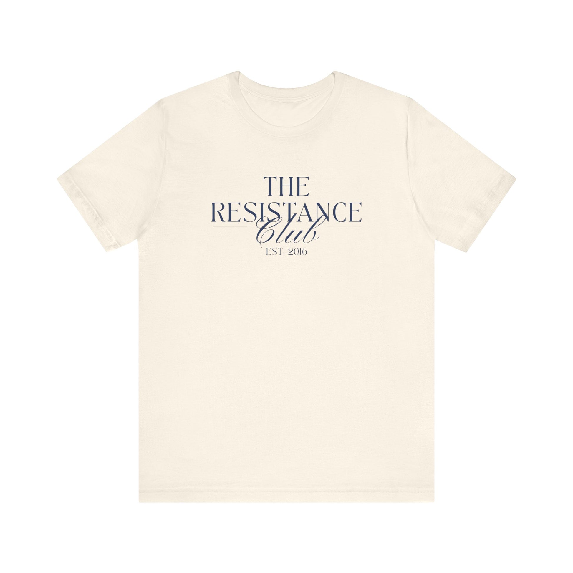 Beige t-shirt with 'The Resistance Club' text in navy blue 