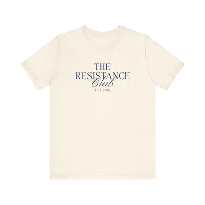 Beige t-shirt with 'The Resistance Club' text in navy blue 