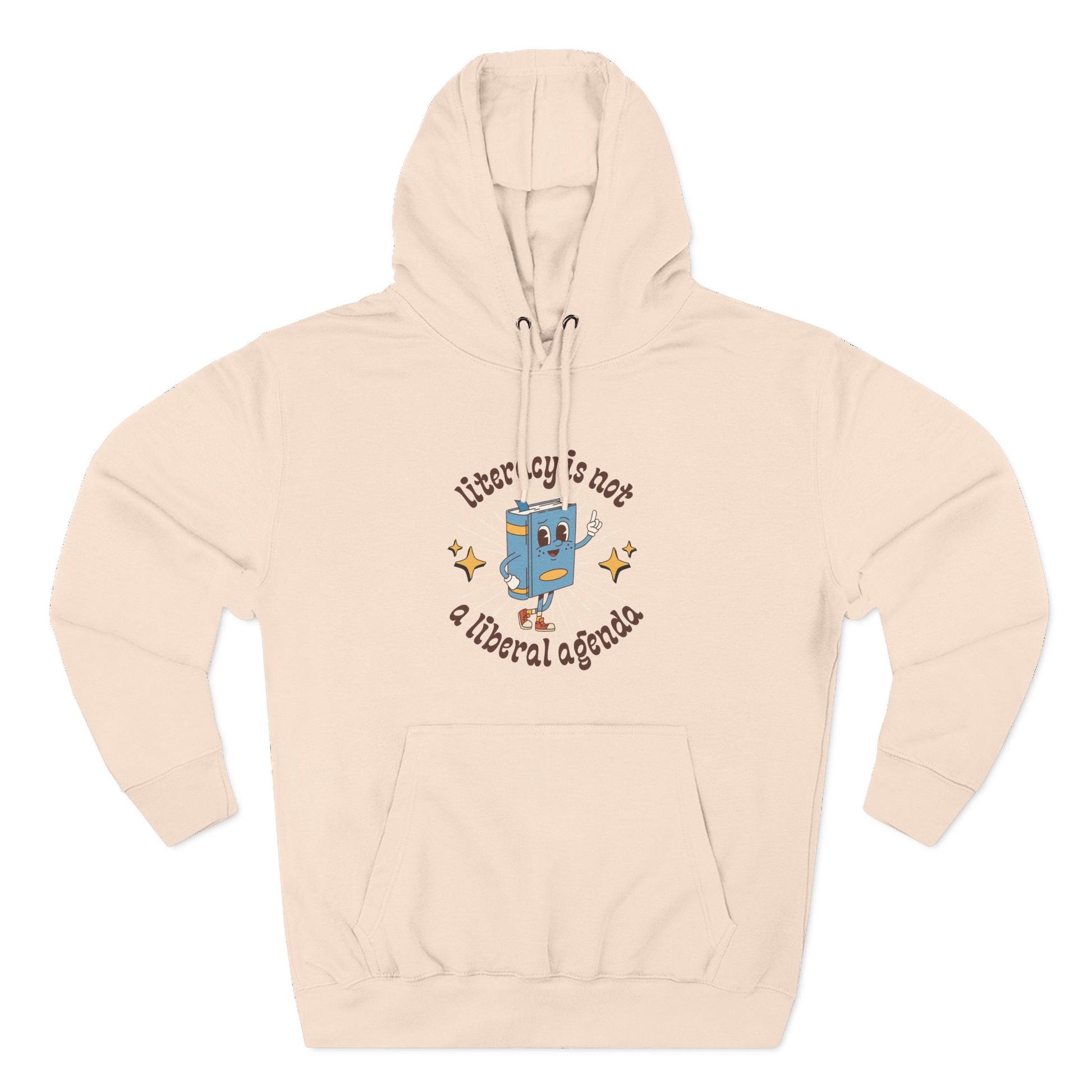Light pink hoodie with retro book character graphic and brown text "literacy is not a liberal agenda"