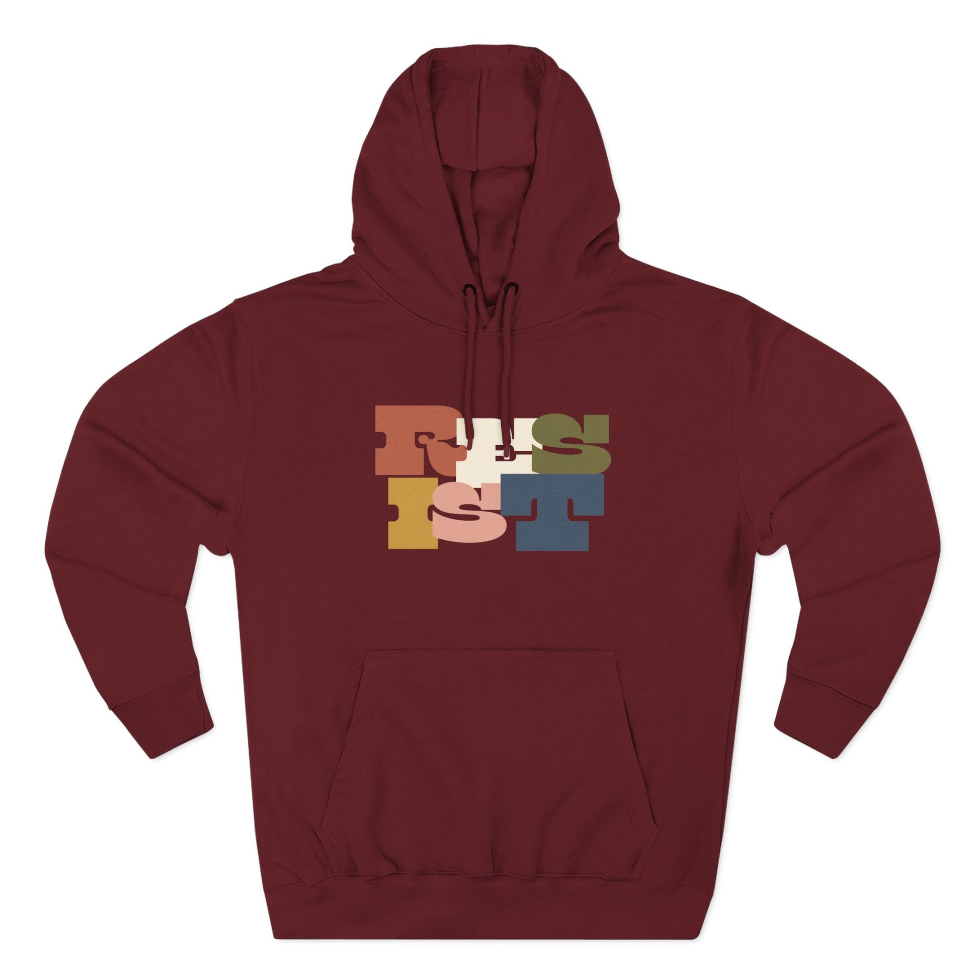 Maroon hoodie with colorful "RESIST" text