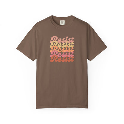 Brown unisex t-shirt with 'Resist' text in a gradient of colors
