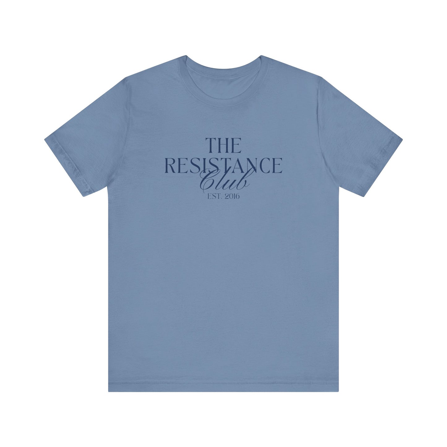 Blue t-shirt with 'The Resistance Club' text in navy blue 