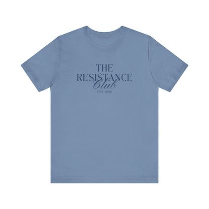 Blue t-shirt with 'The Resistance Club' text in navy blue 