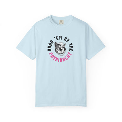 Light blue t-shirt with punk rock cat graphic design and black and pink text "grab 'em by the patriarchy"