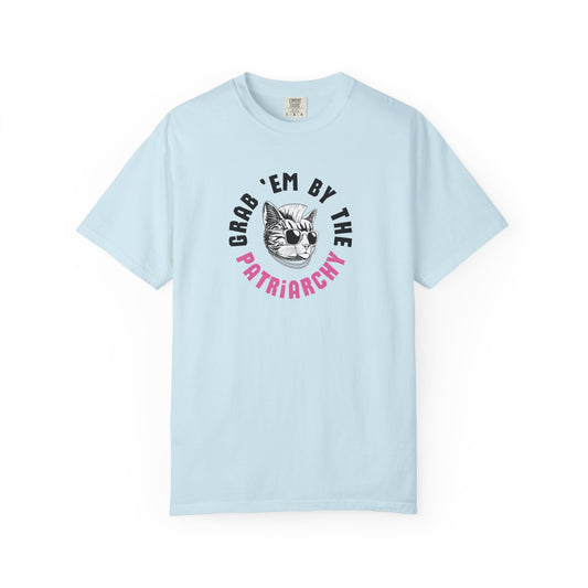 Light blue t-shirt with punk rock cat graphic design and black and pink text "grab 'em by the patriarchy"