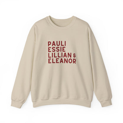 Beige sweatshirt with red text "Pauli, Essie, Lillian & Eleanor"