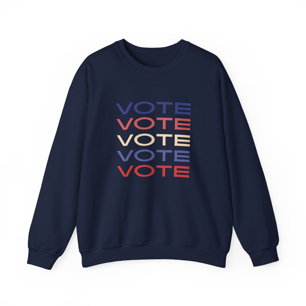 A navy blue crewneck sweatshirt featuring a stacked graphic print of the word 'VOTE' in blue, red, and beige, displayed on a clean white background.