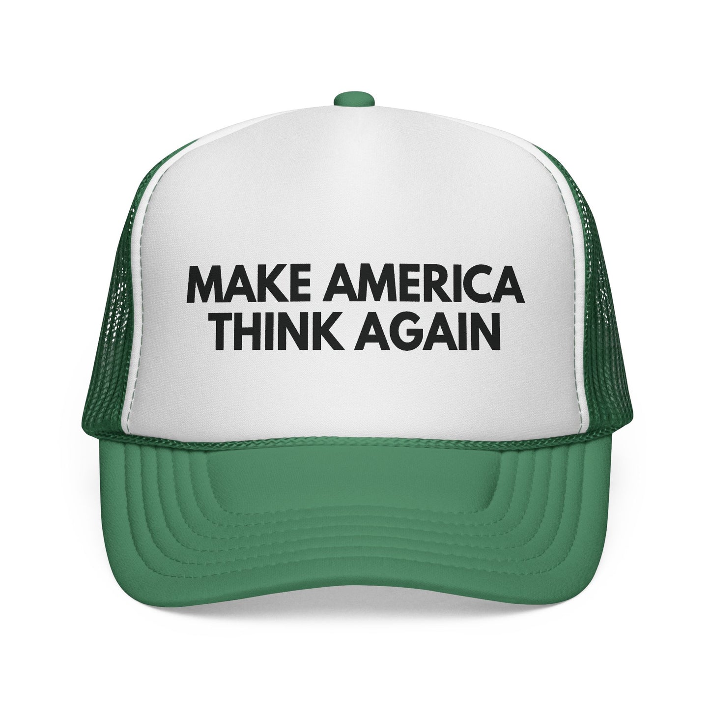 Green and white mesh trucker cap with 'MAKE AMERICA THINK AGAIN' text in black