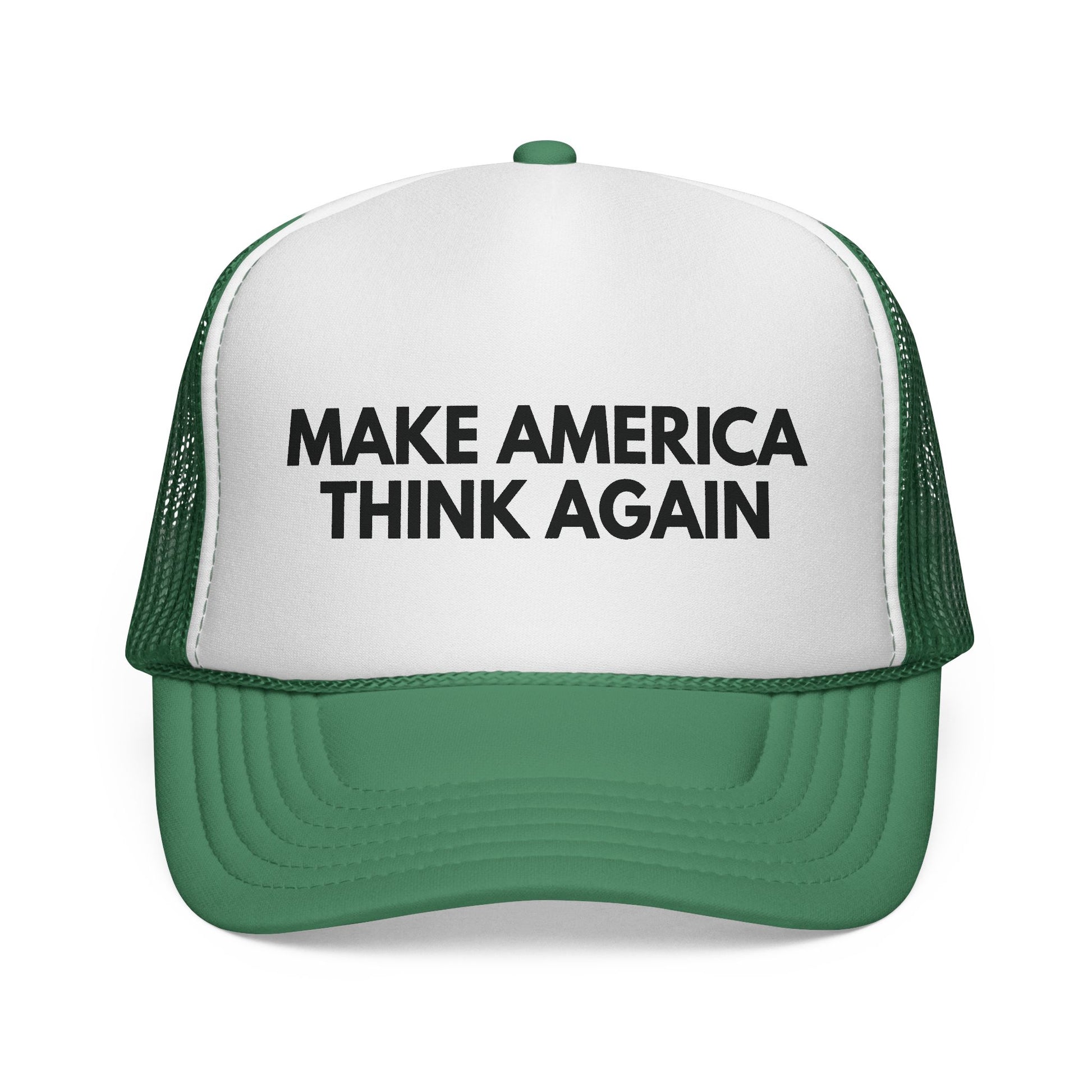 Green and white mesh trucker cap with 'MAKE AMERICA THINK AGAIN' text in black