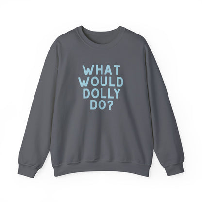 A dark gray crewneck sweatshirt with the text 'WHAT WOULD DOLLY DO?' printed on the chest in light blue, shown against a plain white background.
