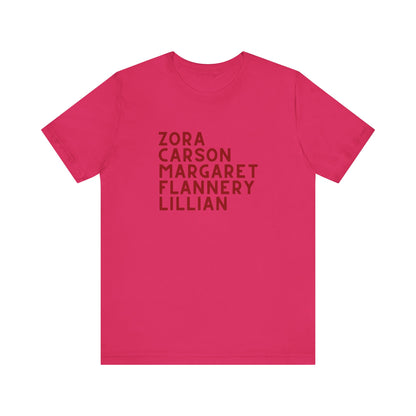 Hot pink t-shirt with red text "Zora, Carson, Margaret, Flannery, Lillian"