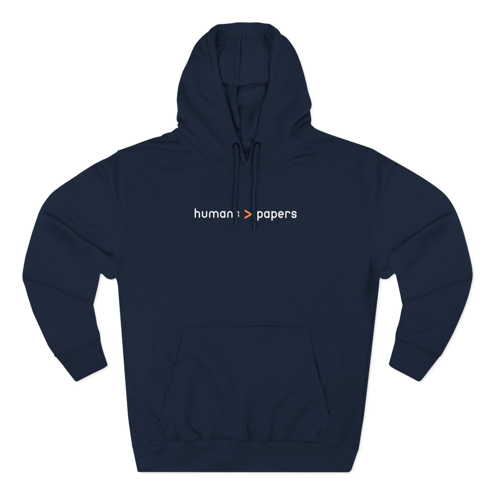 Navy blue hoodie with 'human > papers' white and orange text