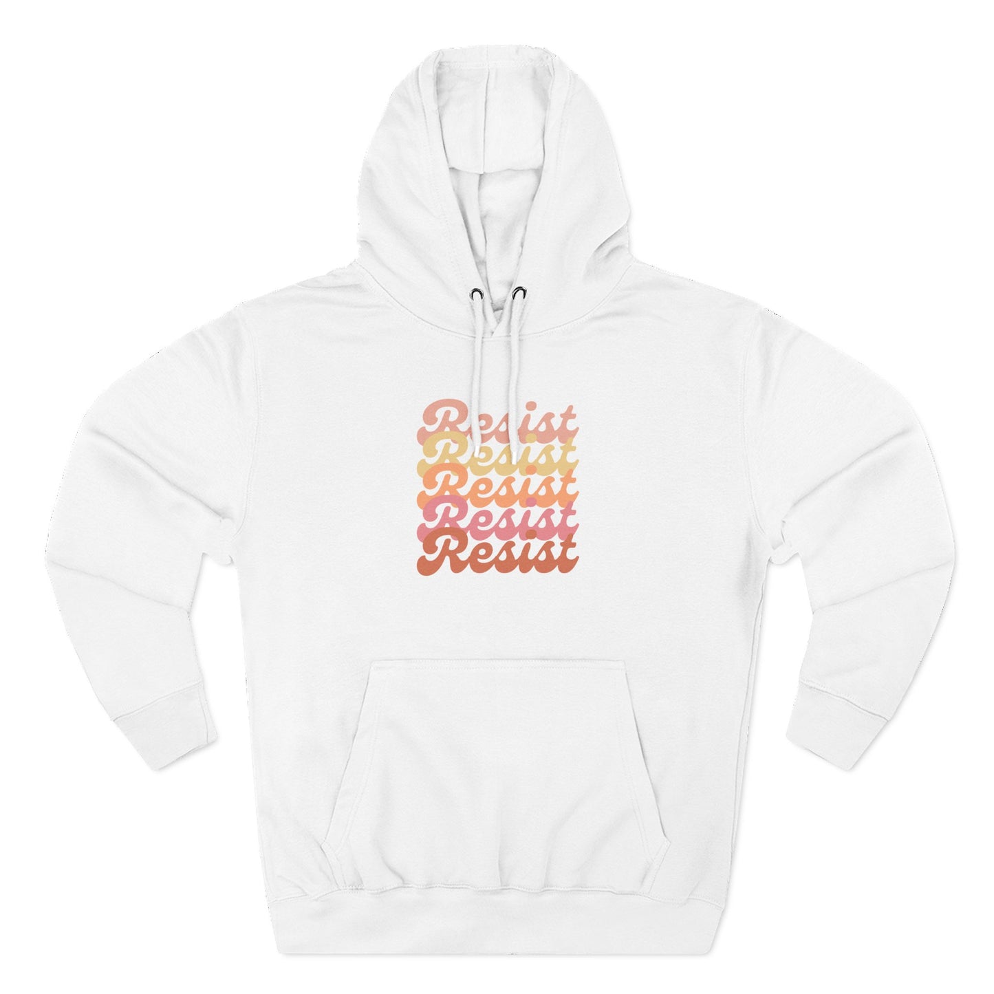 White hoodie with 'Resist' text in gradient colors 