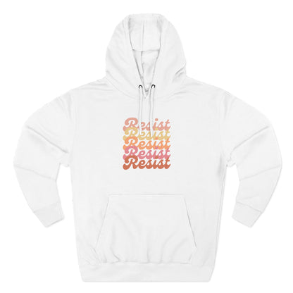 White hoodie with 'Resist' text in gradient colors 