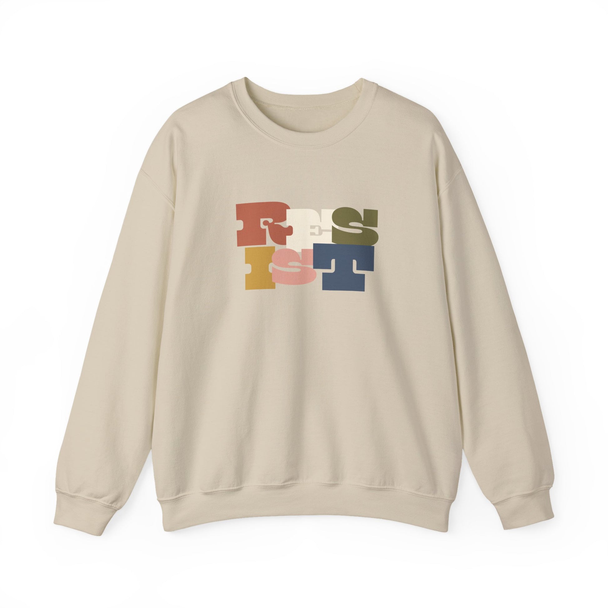 Tan sweatshirt with colorful 'RESIST' text 