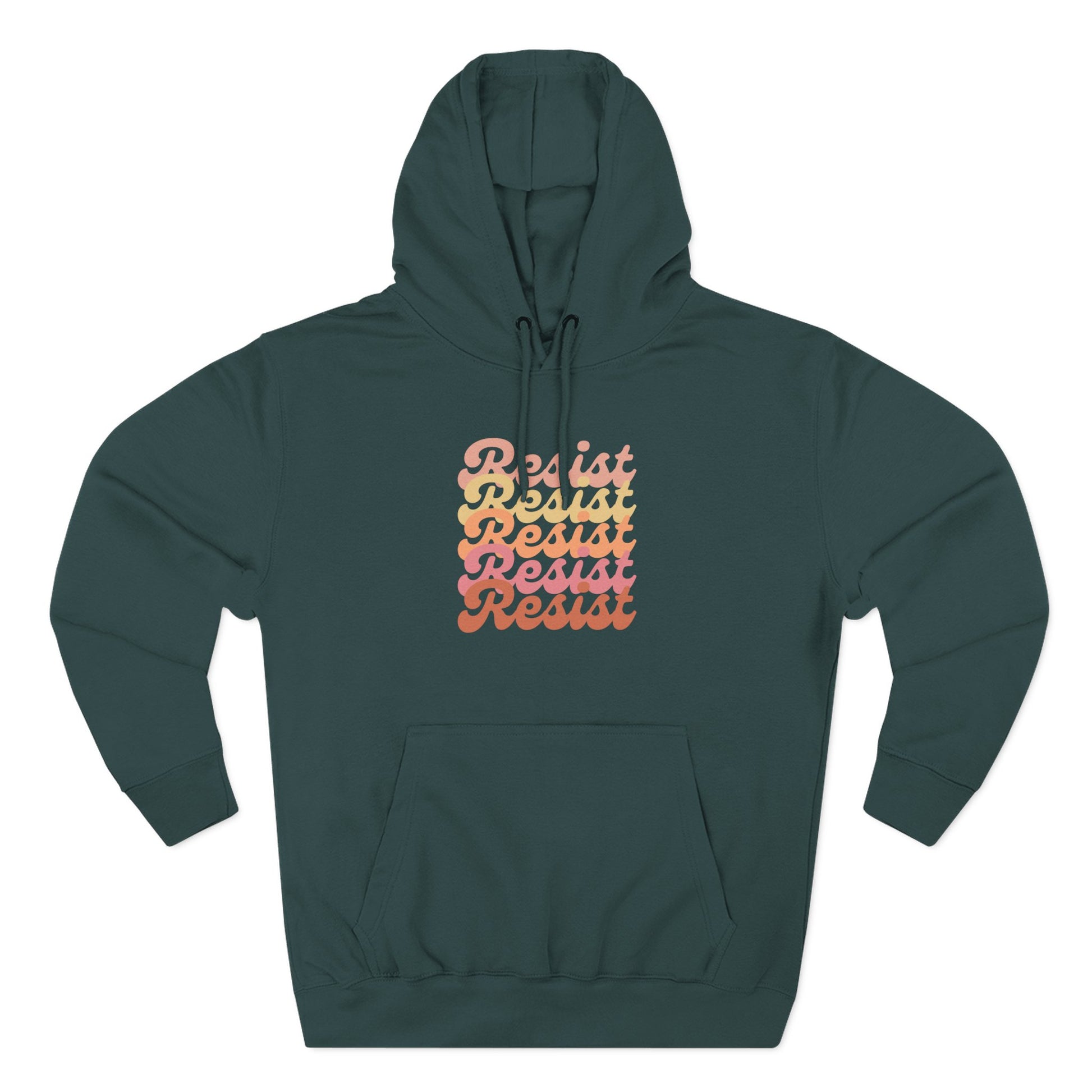 Teal green hoodie with 'Resist' text in gradient colors 