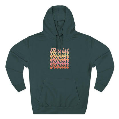 Teal green hoodie with 'Resist' text in gradient colors 