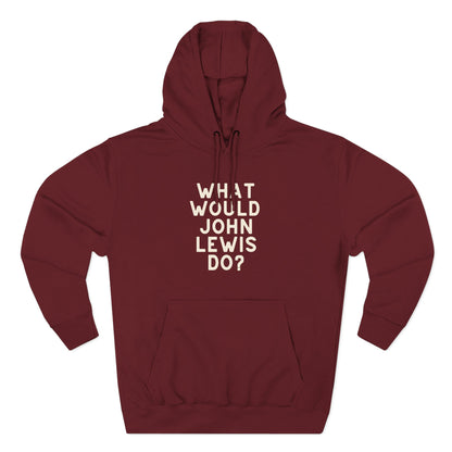 Maroon hoodie with 'What Would John Lewis Do?' cream text