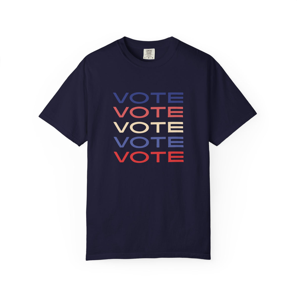 A navy blue short-sleeve crewneck t-shirt featuring a stacked graphic print of the word 'VOTE' in blue, red, and beige, displayed on a clean white background.