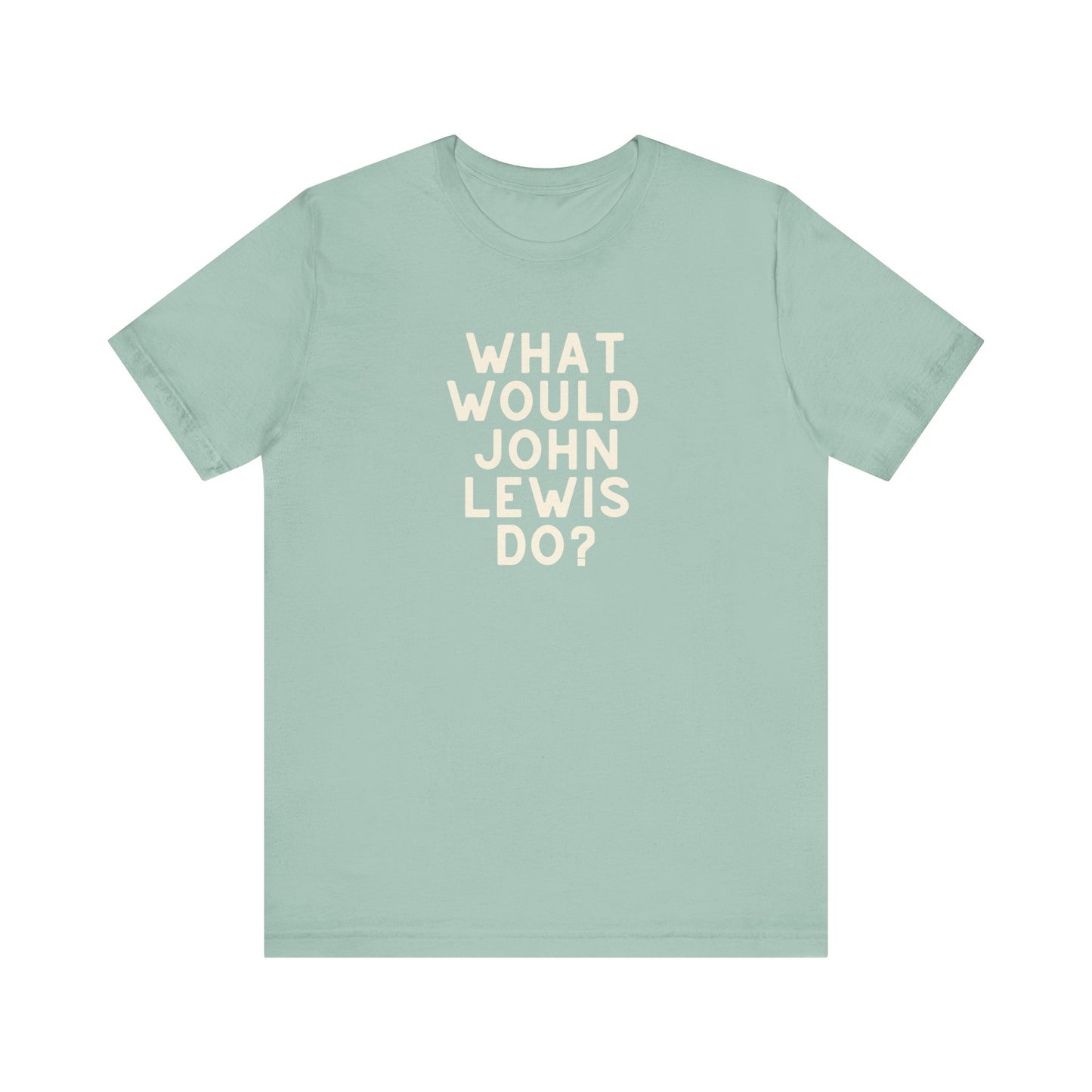 Mint green unisex t-shirt with 'What Would John Lewis Do?' cream text
