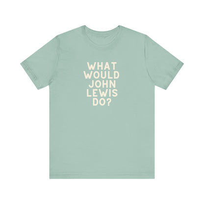 Mint green unisex t-shirt with 'What Would John Lewis Do?' cream text