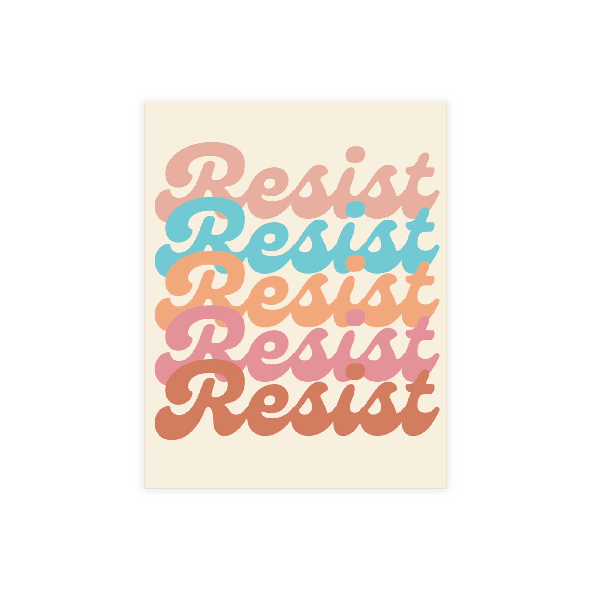 Repeating 'Resist' text in various pastel colors on a beige postcard