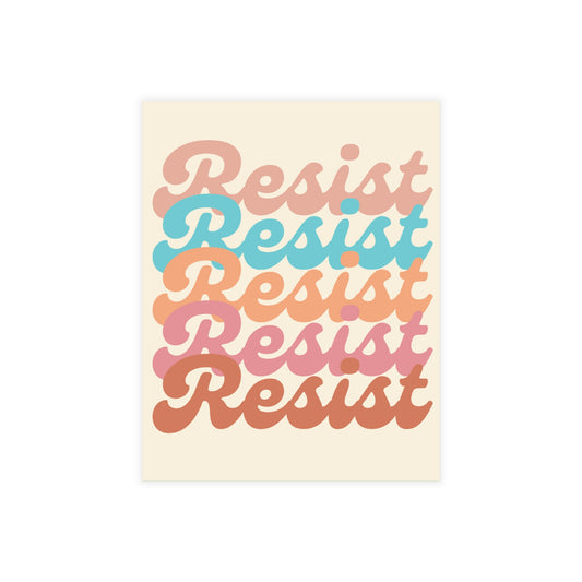 Repeating 'Resist' text in various pastel colors on a beige postcard