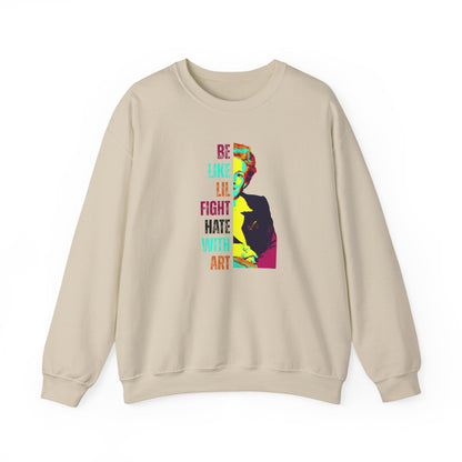 Beige sweatshirt with colorful graphic of Lillian Smith and text "be like lil, fight hate with art"