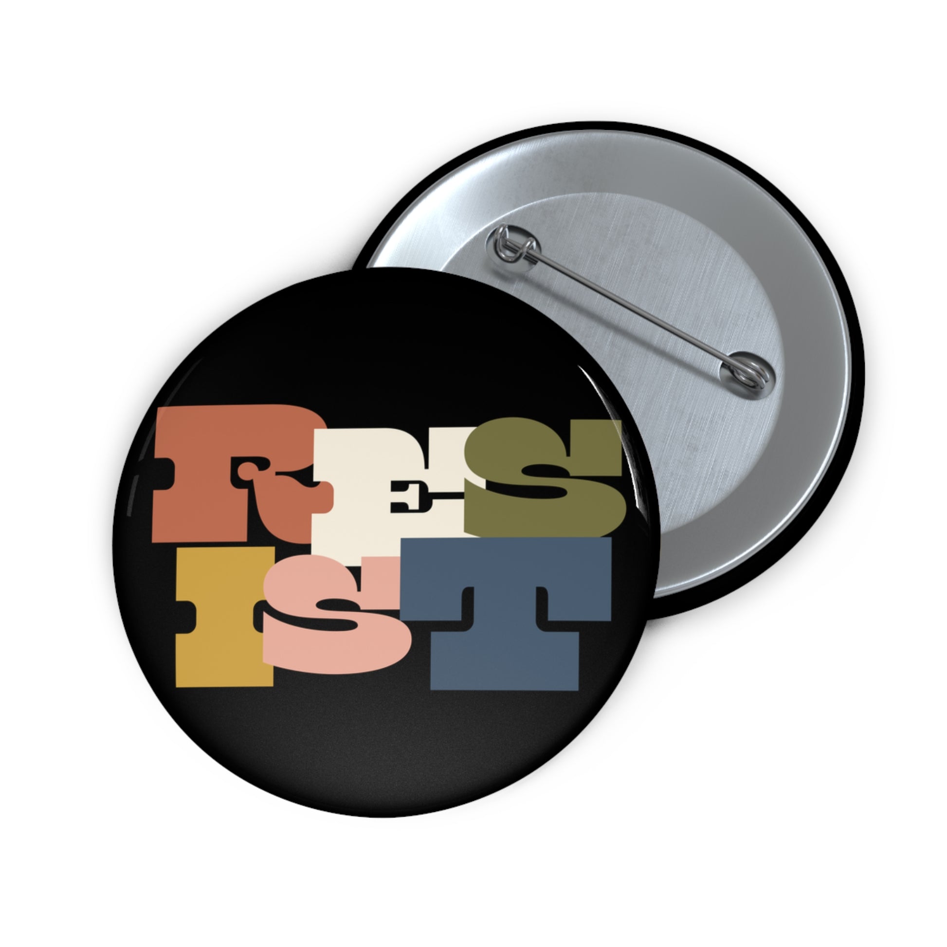 Black button colorful letter design "RESIST"