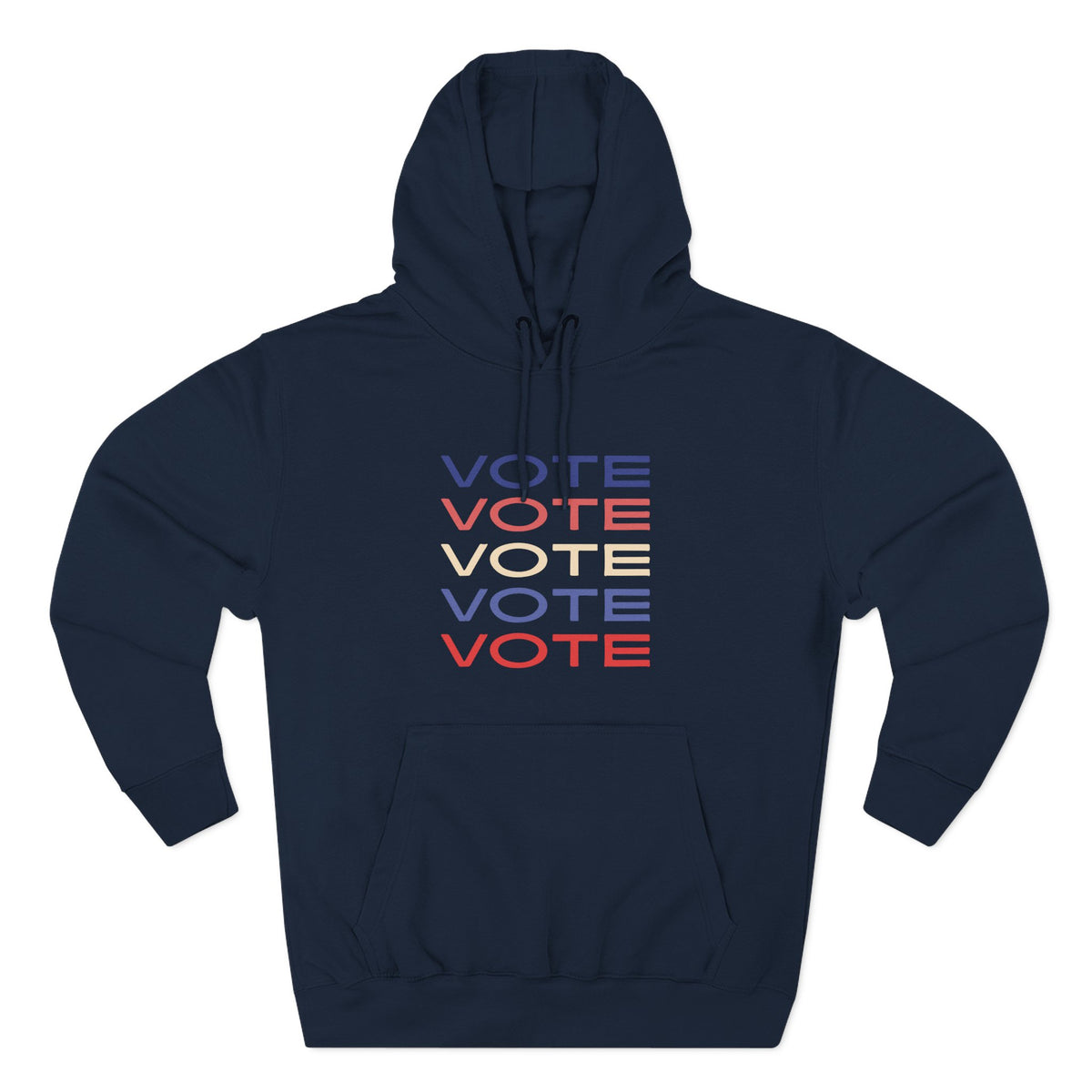 A navy blue pullover hoodie with a front kangaroo pocket and drawstring hood, featuring a stacked 'VOTE' graphic in blue, red, and cream on the chest, displayed on a clean white background.